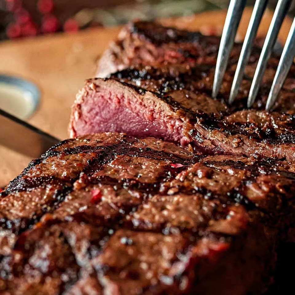 Close-up of a perfectly grilled steak, medium-rare, with grill marks, being cut by a fork and knife.