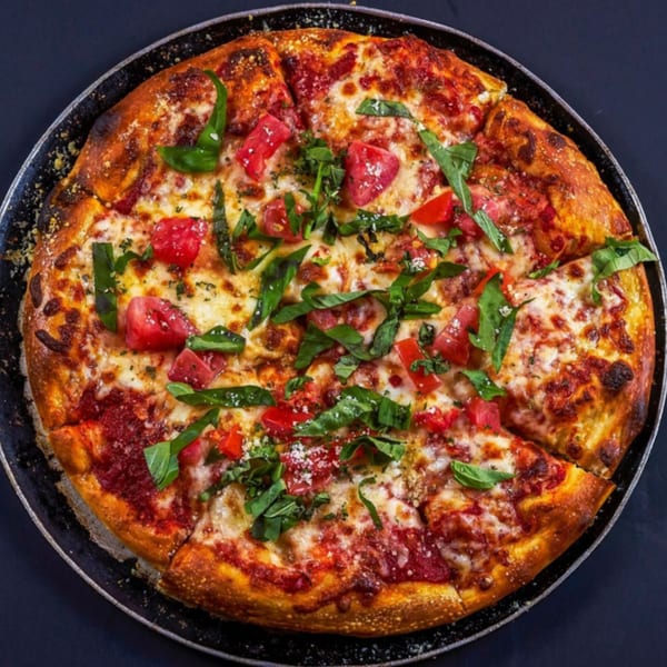 A freshly baked pizza with melted cheese, tomato sauce, diced tomatoes, and fresh basil leaves.